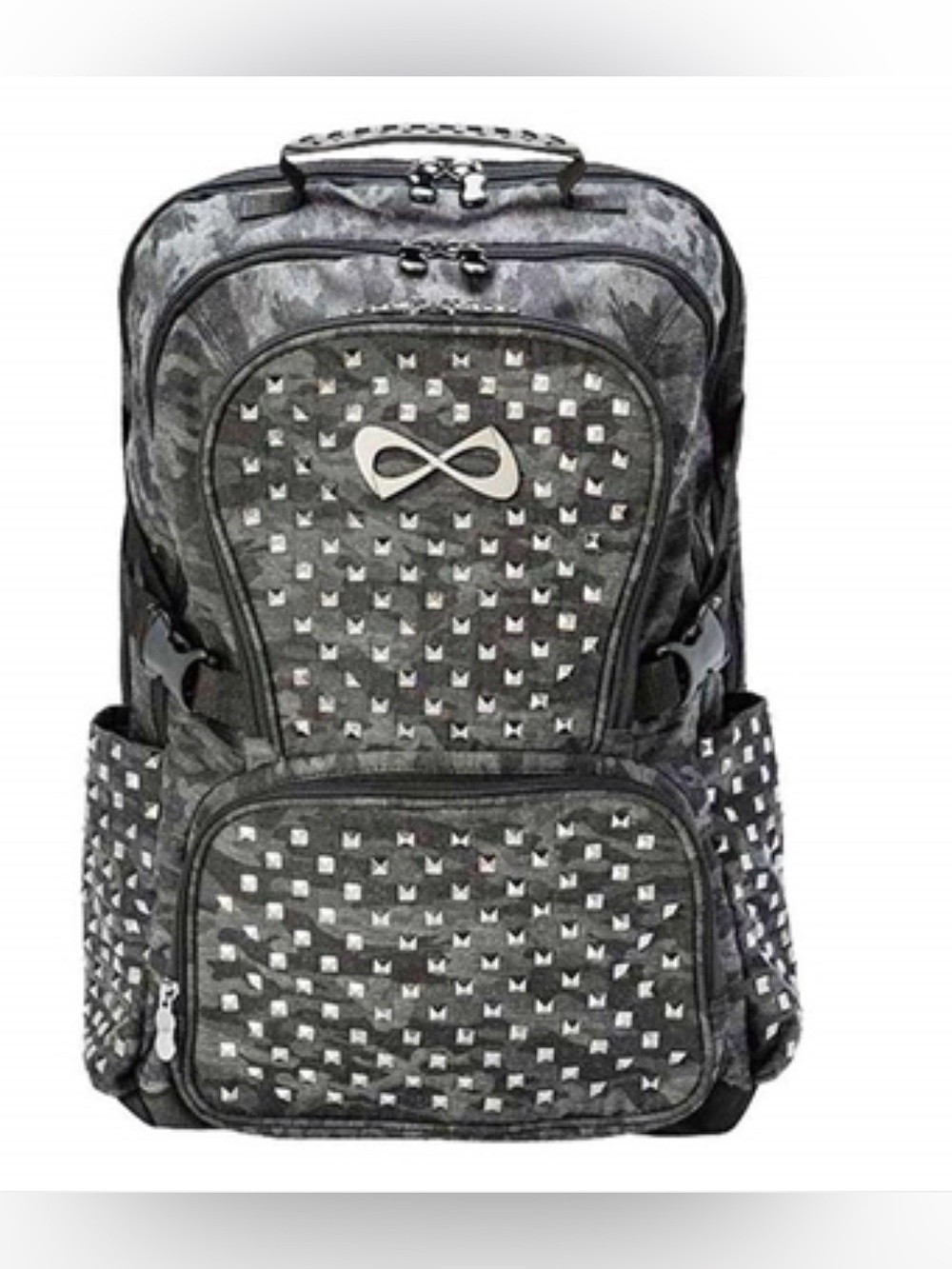 Nfinity Slate/Black Camo Women’s Cheer Backpack W/Hematite Pyramid Studs!!